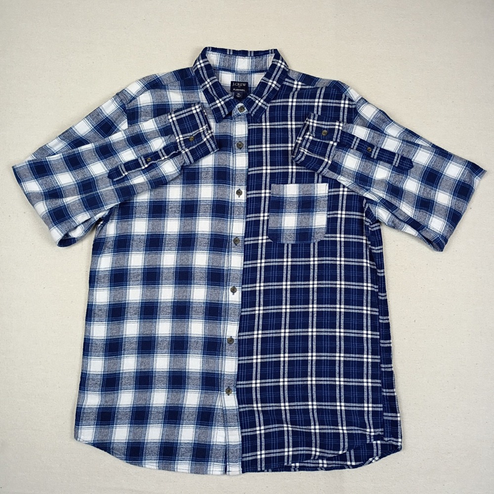 J.Crew Mens XL Flannel Shirt Navy White Split Plaid Colorblock Button Down